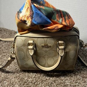 Coach Beige Mini Handbag with Multicolor Scarf